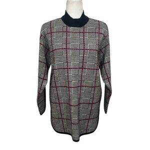 Vintage Plaid Mock Neck Sweater Tunic Women Size S Black Merino Wool Blend